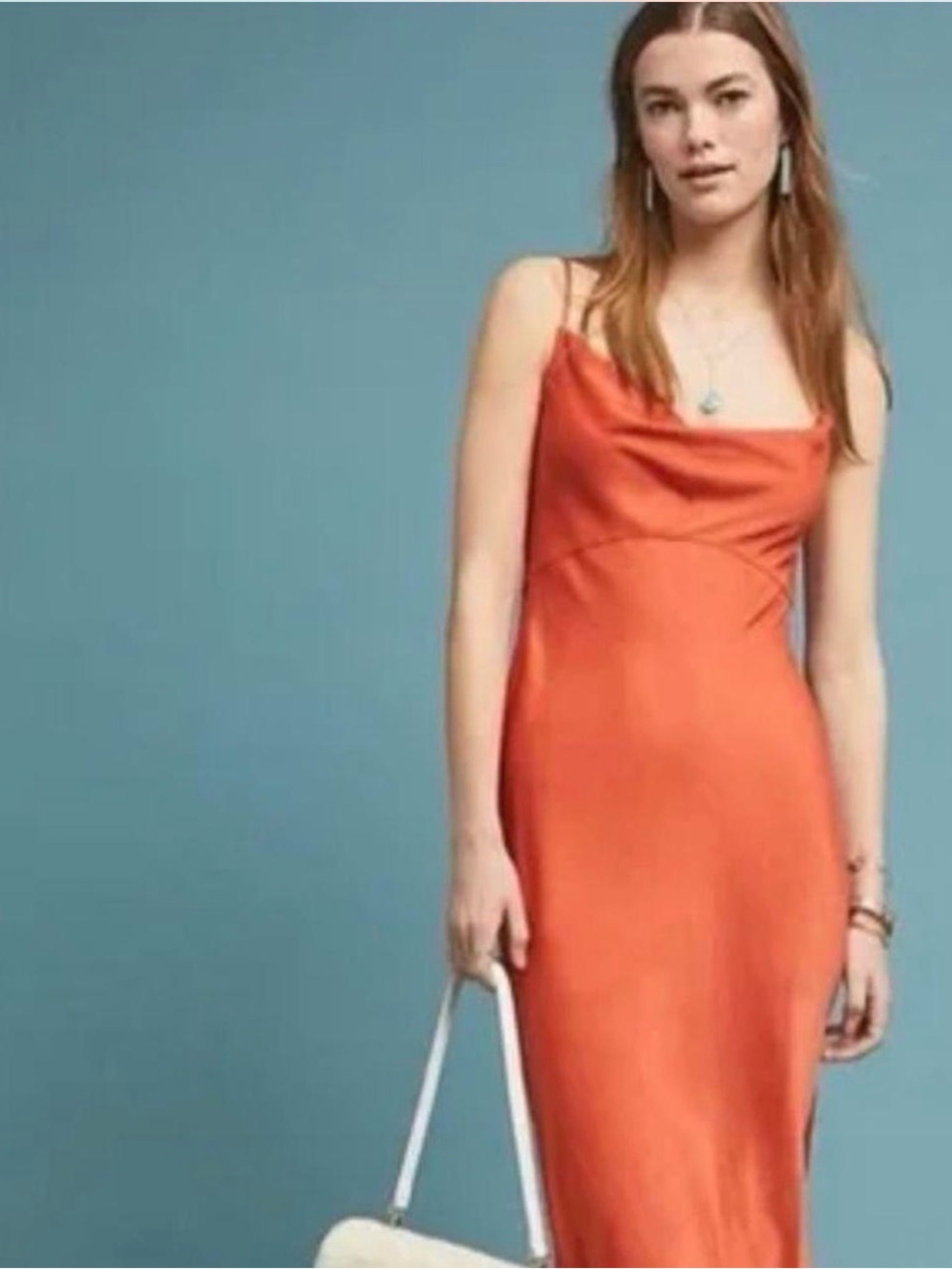 🌟Anthropologie 🌟Rust Orange Satin Slip Midi Dress, 8